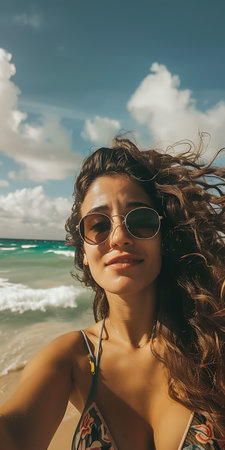 A picturesque view of a sunny beach day with waves crashing ashore under a sky filled with fluffy clouds. The focus is on the natural beauty of the seascapeの素材