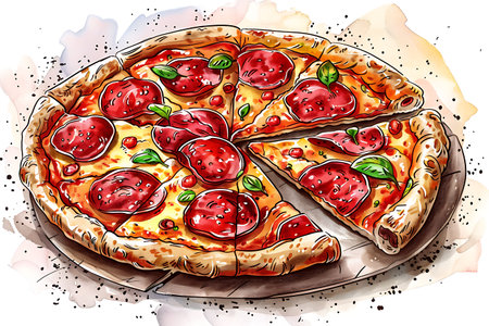 A vibrant illustration of a mouth-watering pepperoni pizza, topped with juicy slices and fresh basil leaves, served on a plate. Every detail accentuates the pizza tempting lookの素材