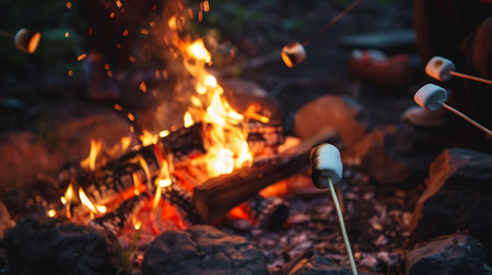 A cozy campfire burns brightly, surrounded by rocks. Friends gather around, roasting marshmallows on sticks, enjoying a warm evening outdoorsの素材