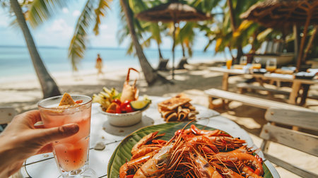A persons hand holding a refreshing cocktail, with a plate of fresh seafood, against the backdrop of a serene beach, palm trees, and thatched umbrellasの素材