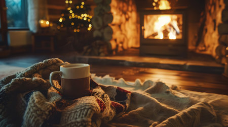 A mug of hot drink rests on a cozy blanket near a warm, glowing fireplace. The room is softly illuminated by festive lights, creating an inviting and intimate atmosphereの素材