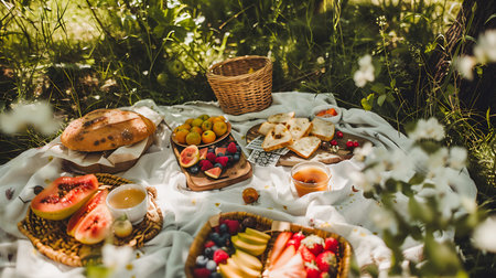 A picturesque outdoor picnic setup featuring a variety of fresh fruits, breads, and refreshments laid out on a white cloth amidst greenery under the sunの素材