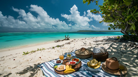 A serene beach picnic setup with fresh fruits, wine, and hats, set against the backdrop of a pristine beach, turquoise waters, and a clear blue sky.の素材