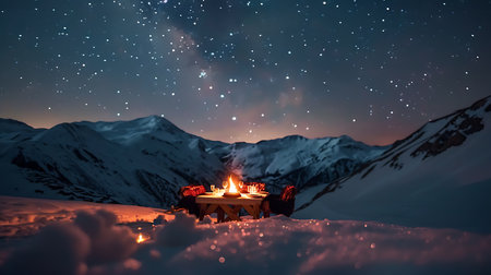 A serene view of a starlit sky over snowy mountain peaks, with a warm fire burning on a wooden table, illuminating the tranquil and magical winter landscapeの素材