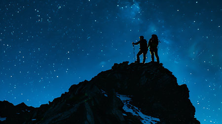Two hikers are silhouetted against a star-filled night sky, standing triumphantly on a rugged mountain peak, showcasing the serene beauty of nature and the joy of achievementの素材