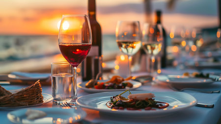 A romantic dining setup featuring a glass of red wine, gourmet dishes, and a serene ocean sunset backdrop, capturing an intimate and luxurious atmosphereの素材
