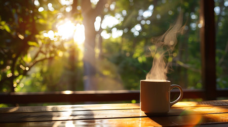 A steaming cup of coffee sits on a wooden table, bathed in the golden light of sunrise, with lush greenery and the soft glow of the sun in the backgroundの素材