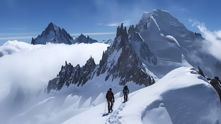 Two mountaineers ascend a snowy ridge, with majestic snow-covered peaks piercing through the clouds in the background, under a clear blue skyの素材