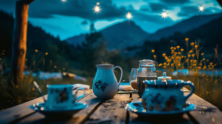 A serene setting of tea time on a wooden table outdoors, with elegant porcelain teaware, amidst the tranquil beauty of mountains and a twilight skyの素材