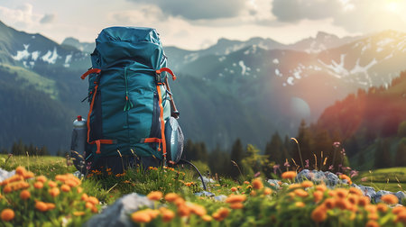 A blue backpack rests amidst blooming flowers, capturing the essence of a serene and adventurous hike in the mountains, showcasing natureの素材