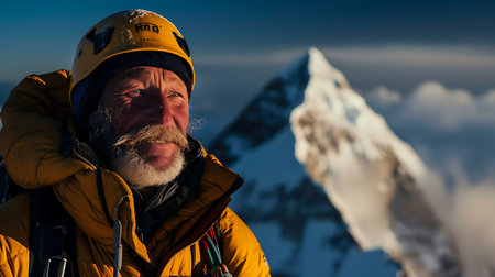 A climber, adorned in a yellow jacket and helmet, stands against the backdrop of a majestic snow-capped mountain peak piercing through the cloudsの素材