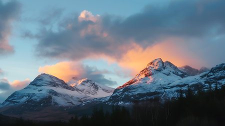 A breathtaking view of snow-capped mountains kissed by the warm glow of the sunset, casting a serene ambiance amidst the contrasting cool and warm tonesの素材