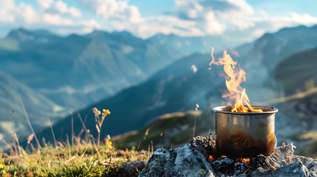 A campfire burns brightly in a metal pot, surrounded by the serene beauty of towering mountains under a soft sunset. The flames dance against the backdrop of a peaceful eveningの素材
