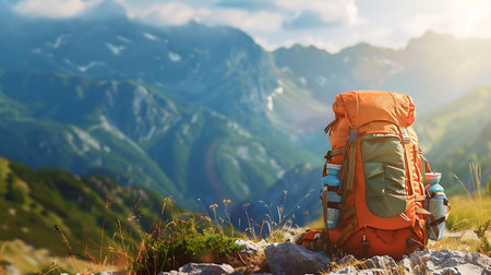A well-equipped orange backpack set against the backdrop of breathtaking green mountains under a clear sky, capturing the essence of a solitary journeyの素材
