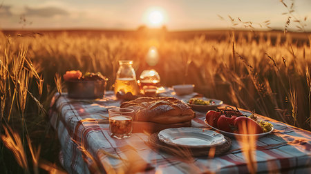 A serene picnic setup amidst a wheat field at sunset, featuring a spread of bread, fruits, and drinks on a checkered cloth.の素材
