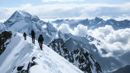 Three mountaineers ascend a snow-covered ridge, with majestic, cloud-shrouded mountain peaks in the background. The image captures the essence of adventure and explorationの素材