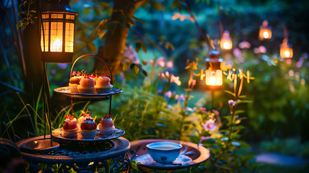 An enchanting evening tea party set in a lush garden, illuminated by hanging lanterns. The scene features a tiered tray of delectable desserts and an elegant teacup.の素材