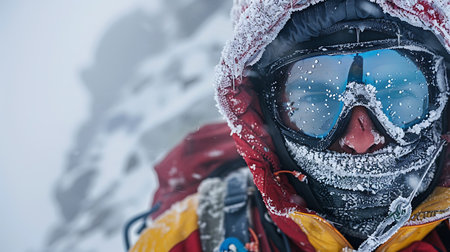 A climber, face obscured, is clad in frost-covered gear against a backdrop of a snow-laden mountain. The atmosphere is cold and challengingの素材
