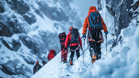 A group of mountaineers, clad in bright orange attire and equipped with climbing gear, ascend a snow-covered mountain. The atmosphere is intense yet majestic.の素材