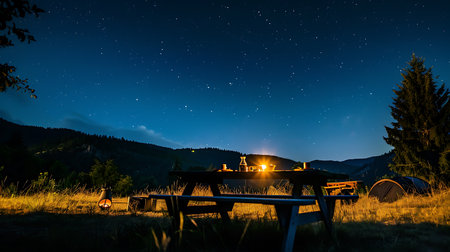 A serene camping scene under a starlit sky, featuring a picnic table set with lanterns, surrounded by tents and the silhouettes of rolling hillsの素材