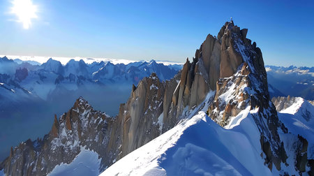 A breathtaking view of jagged mountain peaks covered in pristine snow, basking under the radiant sun with a backdrop of a clear blue skyの素材
