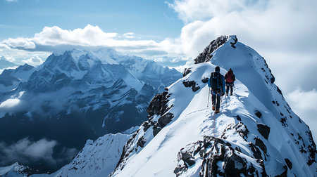 Two climbers ascend a snowy peak, their gear illuminated by the sun. The vast mountain range and clouds below create a breathtaking view of natural grandeur.の素材