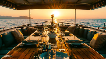 A beautifully arranged dining table set for a meal on a yacht, basking in the golden glow of the sunset with the ocean and distant mountains painting a serene backdropの素材