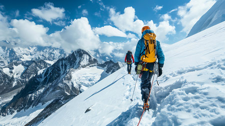 Two climbers, equipped with gear, ascend a snowy mountain. Majestic peaks and a clear blue sky with fluffy clouds serve as the backdrop, capturing the essence of adventure.の素材