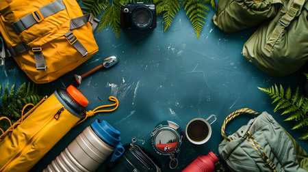 A flat lay of essential camping gear including a camera, backpacks, water bottles, and a mug of coffee, artistically arranged amidst green fern leaves on a scratched blue surface.の素材