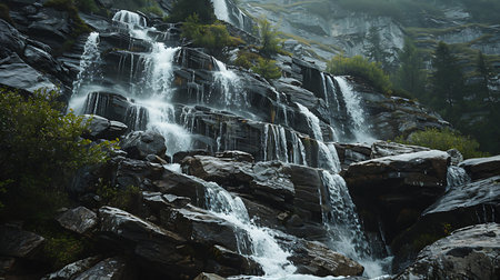 A breathtaking view of a waterfall gracefully flowing down rocky terrains, surrounded by lush greenery, capturing the essence of natural beauty and serenityの素材