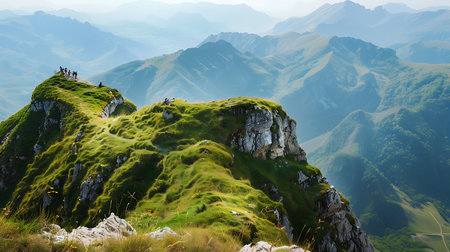 A breathtaking view of hikers atop green, lush mountain peaks, with a backdrop of layered mountains under a clear sky.の素材