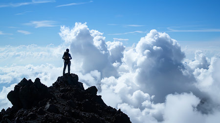 A hiker stands atop a rugged mountain peak, silhouetted against the sky, surrounded by majestic clouds. The image captures the triumphant moment, evoking feelings of achievement and aweの素材
