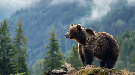 A captivating image capturing a brown bear amidst its natural habitat, surrounded by the lush green forest and misty mountains, showcasing the serene beauty of wildlifeの素材