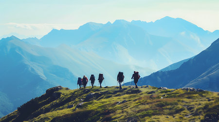 A group of hikers with backpacks ascend a mountain trail, silhouetted against the backdrop of majestic, sunlit peaks and a clear blue skyの素材