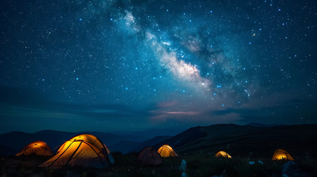 A breathtaking view of the Milky Way illuminating the night sky, with glowing tents nestled in a serene mountain landscape, capturing the essence of an adventurous night out.の素材