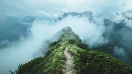 A serene and mystical scene of a narrow path leading up a green mountain, surrounded by clouds. The image evokes a sense of solitude and awe, capturing the majestic beauty of nature.の素材