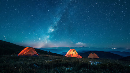 Three tents glow warmly under the vast starry sky showcasing the Milky Way. Nestled in a tranquil mountain setting, this image captures the essence of an adventurous night outdoorsの素材