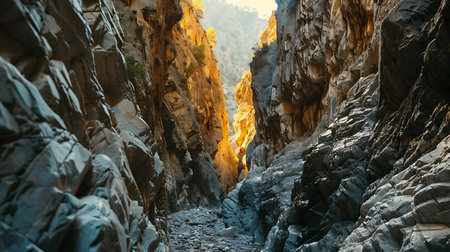 A breathtaking view of a rugged canyon, with the sun casting a golden glow on the jagged rocks, creating a dramatic and serene landscape.の素材