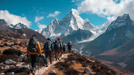 A group of hikers, equipped with backpacks, ascend a mountain trail. The majestic snow-capped peaks tower in the background under a clear blue sky.の素材