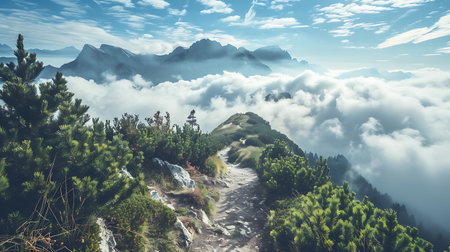 A serene pathway winds through lush greenery, leading towards majestic mountains partially obscured by a sea of clouds, under the soft glow of the skyの素材
