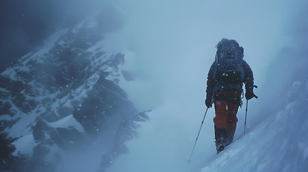 A climber, equipped with a backpack and poles, ascends a steep, snow-covered mountain. The atmosphere is foggy and mysterious, highlighting the climberの素材