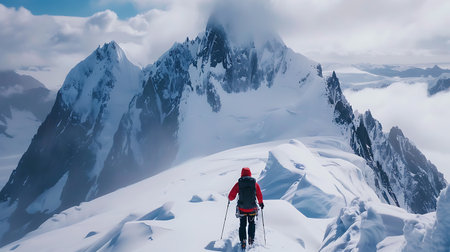 A mountaineer in red jacket and black pants, equipped with climbing gear, ascends a snow-covered mountain. Majestic peaks and a sea of clouds paint a breathtaking backdropの素材