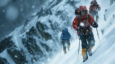 Three climbers, equipped with mountaineering gear, ascend a steep, snow-covered mountain slope amidst a blizzard. The lead climber is prominent, showcasing the harsh yet majestic environmentの素材