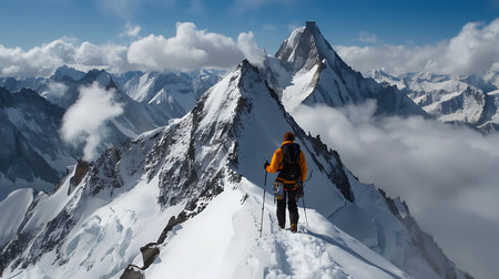 A mountaineer in bright attire stands amidst snow-covered peaks, with clouds below and towering mountains around, showcasing the majesty of high-altitude terrains.の素材