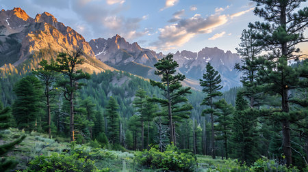 A breathtaking view of a sunrise illuminating a rugged mountain range, casting a warm glow that contrasts the lush green forest below.の素材