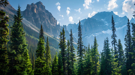 A breathtaking view of towering mountains, partially covered in snow, standing majestically behind a lush green forest under a clear blue sky with fluffy white cloudsの素材