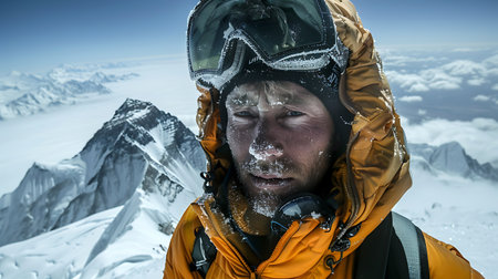 A climber in professional gear stands against a backdrop of majestic snow-covered mountains. The sky is clear, offering a breathtaking view of natureの素材