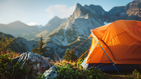 An orange tent pitched amidst lush greenery, with a backdrop of majestic mountains under the soft glow of sunrise, capturing the essence of an adventurous outdoor experienceの素材