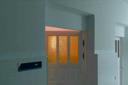 A contemporary interior showcasing a closed white door with translucent windows, casting a warm...
