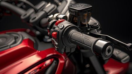 A detailed view of the red motorcycles handlebars, showcasing its sleek design and rugged appearance. The handlebars are an essential part of the vehicles control systemの素材